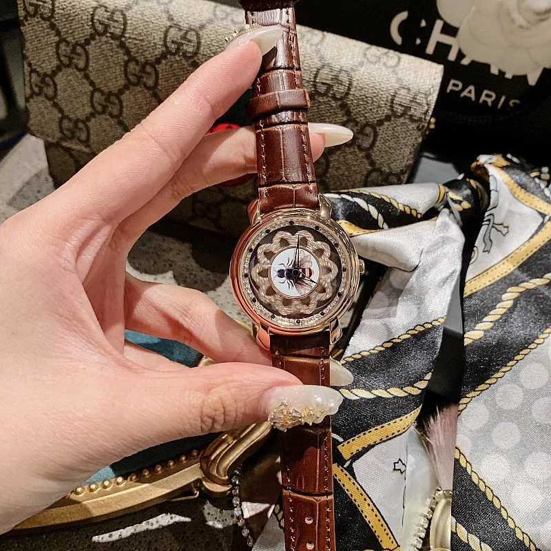 Bee Pattern Leather Strap Women's Watch