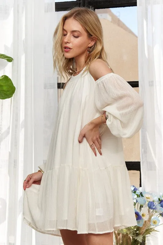 Beige Cold Shoulder Balloon Sleeve Mini Dress
