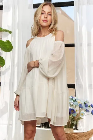 Beige Cold Shoulder Balloon Sleeve Mini Dress