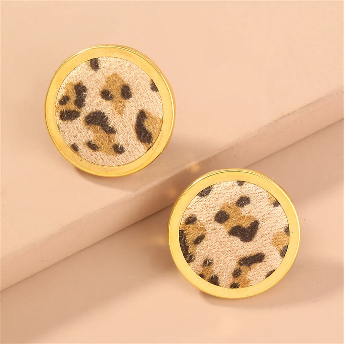 Beige Polystyrene & 18K Gold-Plated Leopard Round Stud Earrings