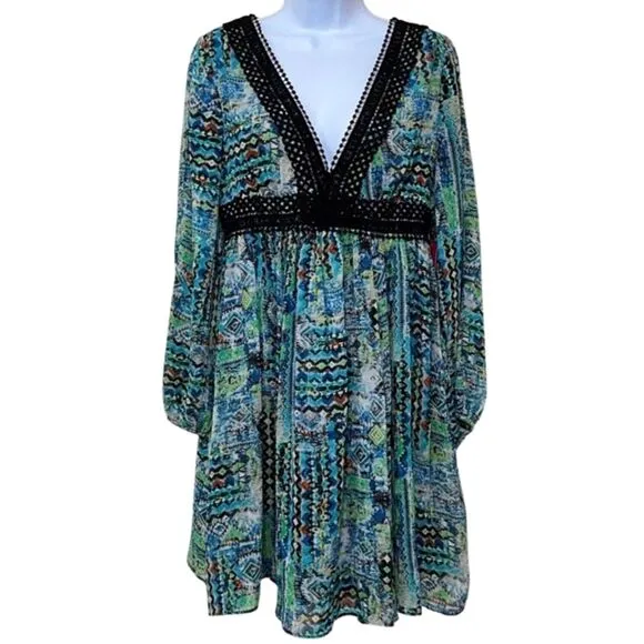 Betsey Johnson NWT Retro Y2K Blue &amp; Green Chiffon Embroidery Trim Dress, Size 14