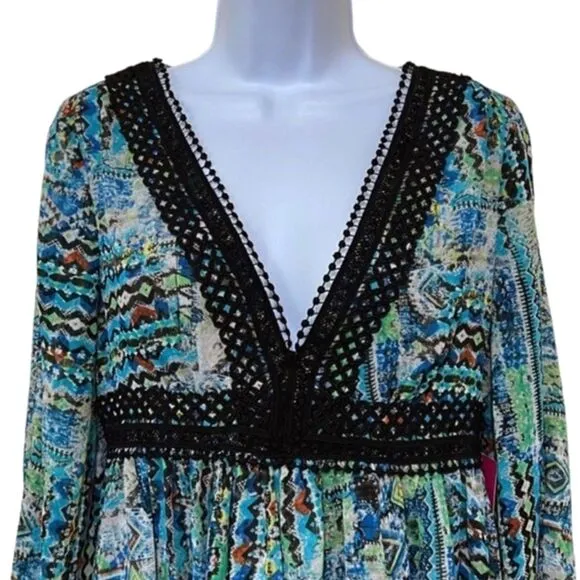 Betsey Johnson NWT Retro Y2K Blue &amp; Green Chiffon Embroidery Trim Dress, Size 14