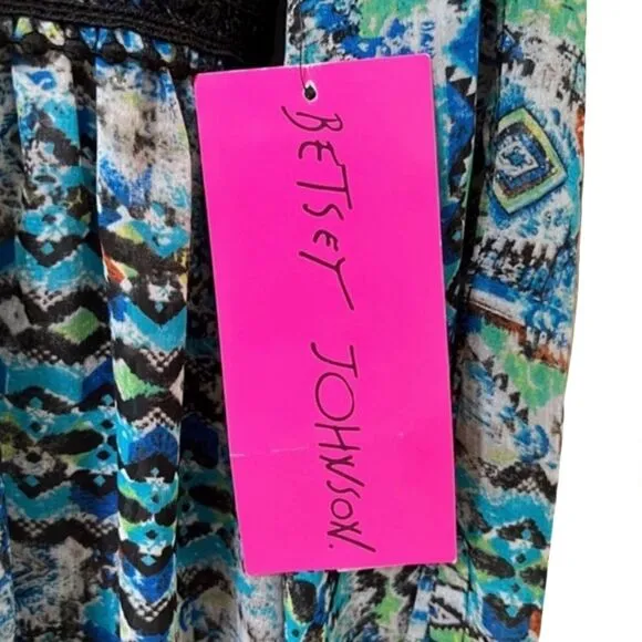 Betsey Johnson NWT Retro Y2K Blue &amp; Green Chiffon Embroidery Trim Dress, Size 14