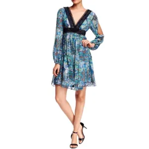 Betsey Johnson NWT Retro Y2K Blue &amp; Green Chiffon Embroidery Trim Dress, Size 14