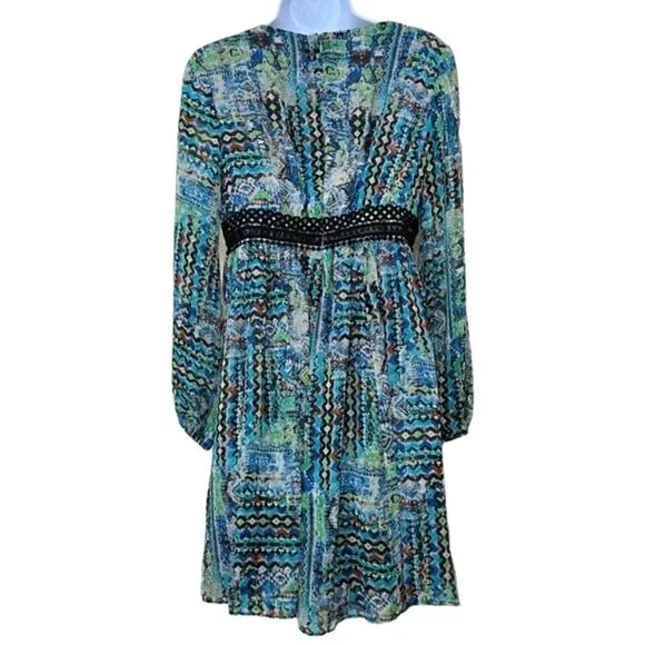 Betsey Johnson NWT Retro Y2K Blue &amp; Green Chiffon Embroidery Trim Dress, Size 14