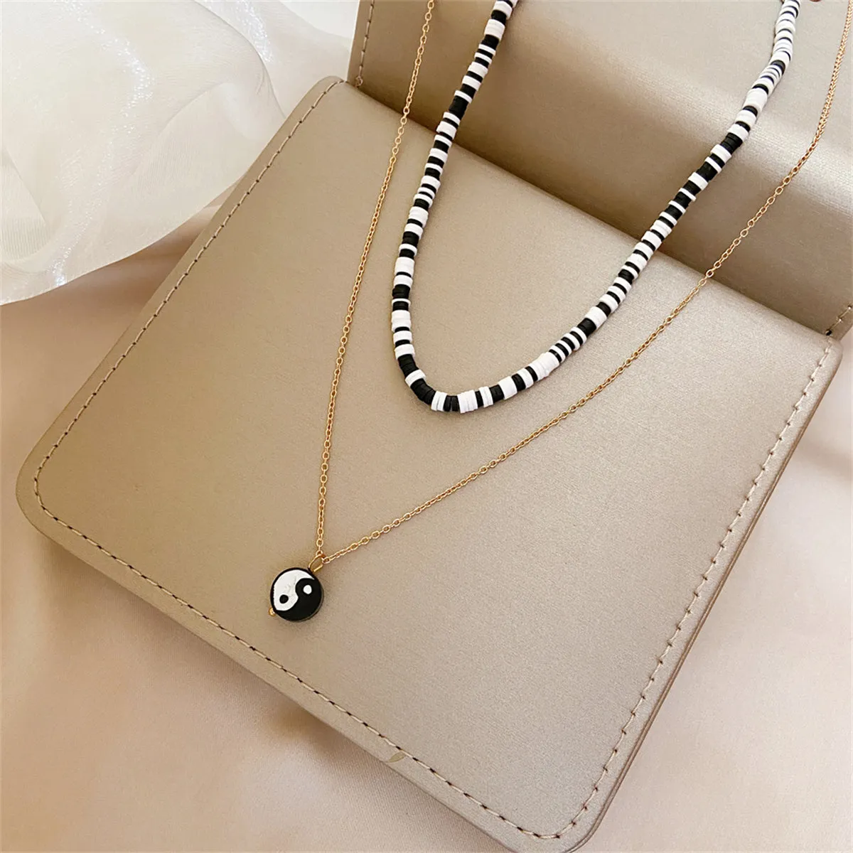 Black Acrylic & Polymer Clay 18K Gold-Plated Yin Yang Pendant Layered Necklace