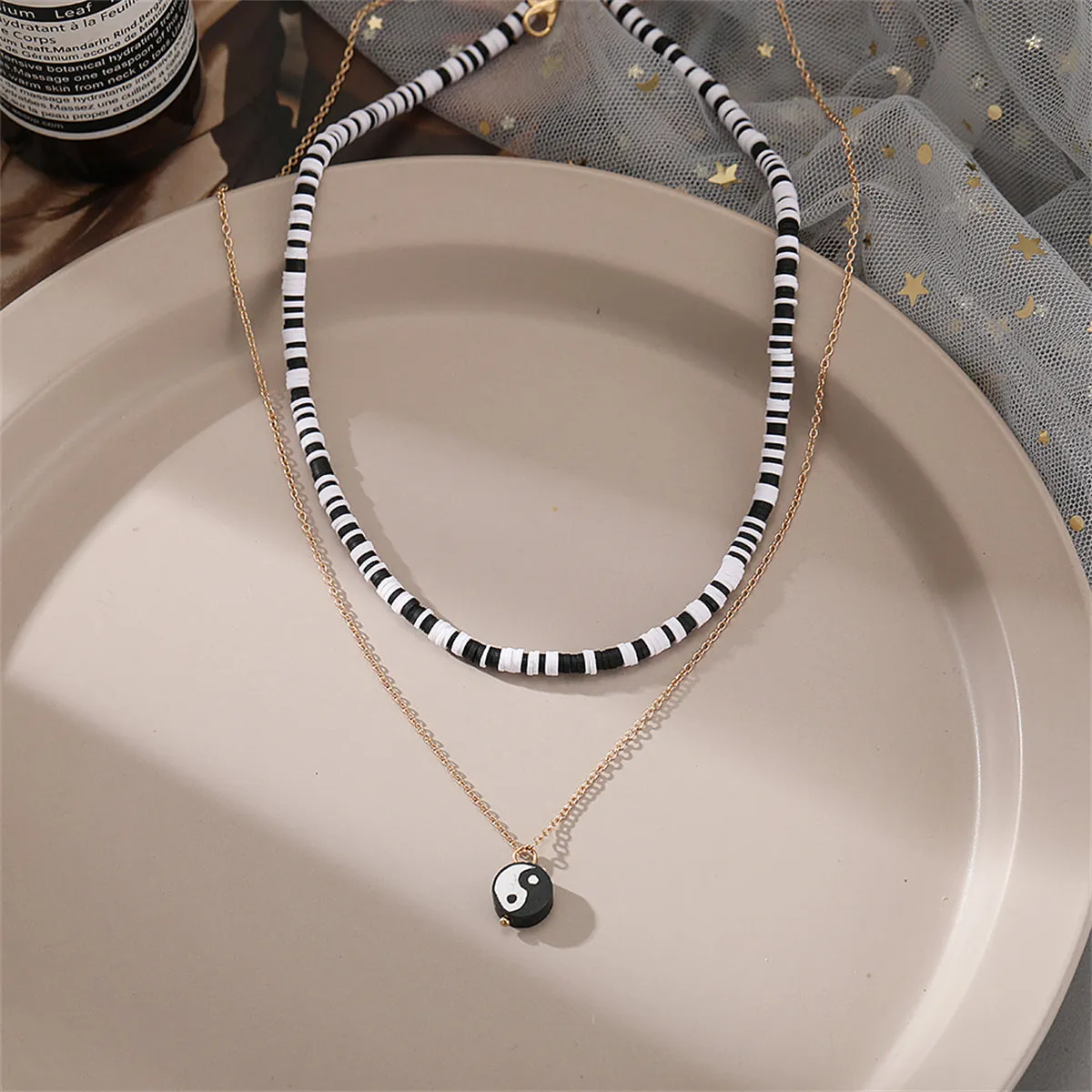 Black Acrylic & Polymer Clay 18K Gold-Plated Yin Yang Pendant Layered Necklace