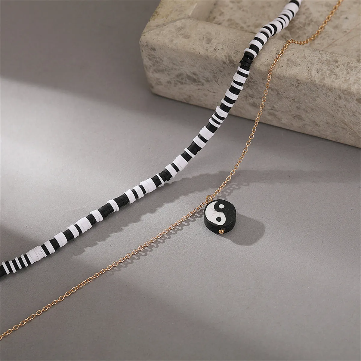 Black Acrylic & Polymer Clay 18K Gold-Plated Yin Yang Pendant Layered Necklace