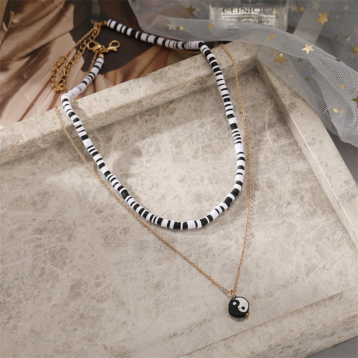 Black Acrylic & Polymer Clay 18K Gold-Plated Yin Yang Pendant Layered Necklace