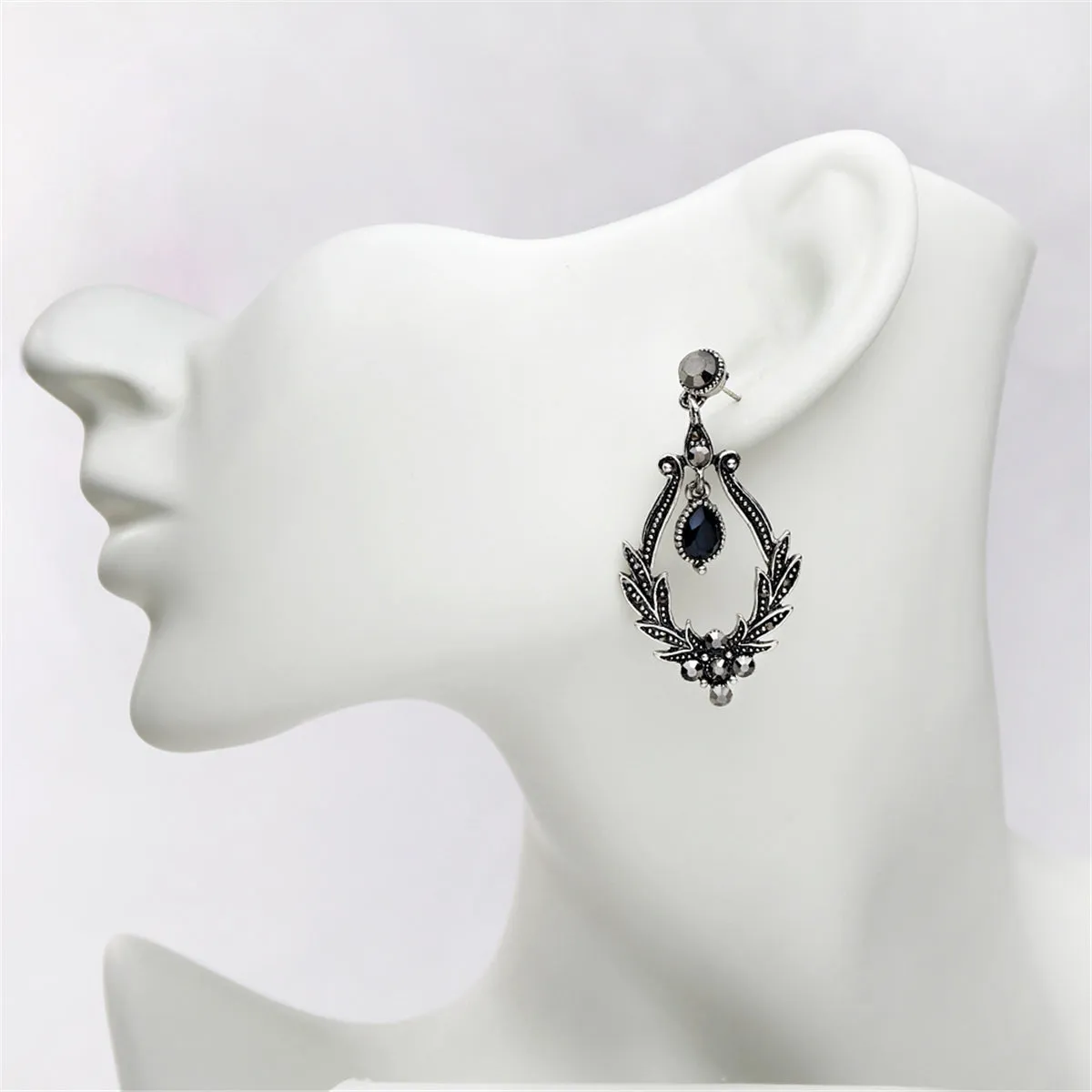 Black Crystal & Cubic Zirconia Botanical Teardrop Earrings