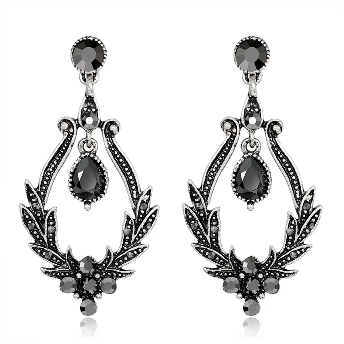 Black Crystal & Cubic Zirconia Botanical Teardrop Earrings