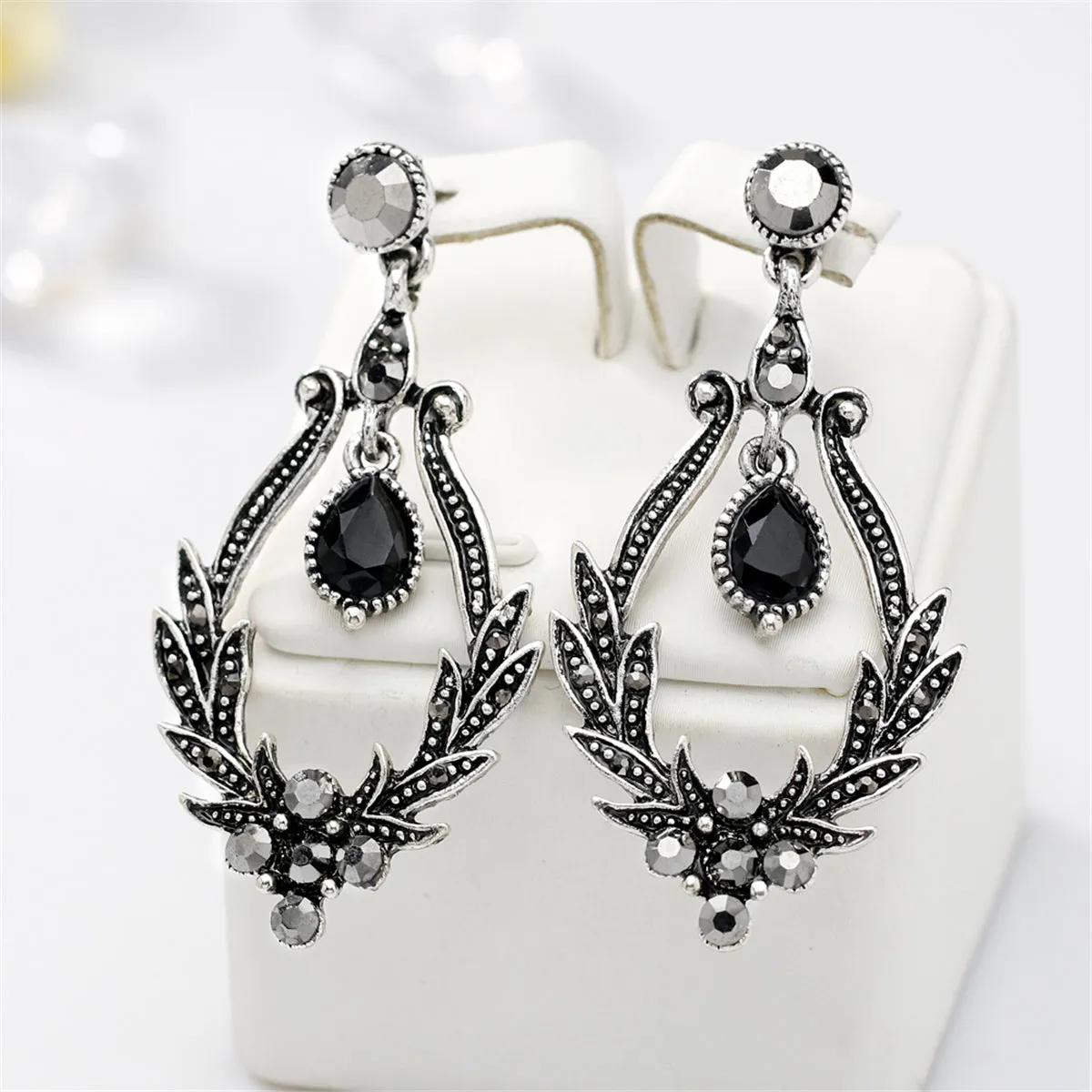 Black Crystal & Cubic Zirconia Botanical Teardrop Earrings