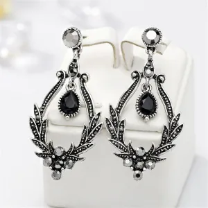 Black Crystal & Cubic Zirconia Botanical Teardrop Earrings