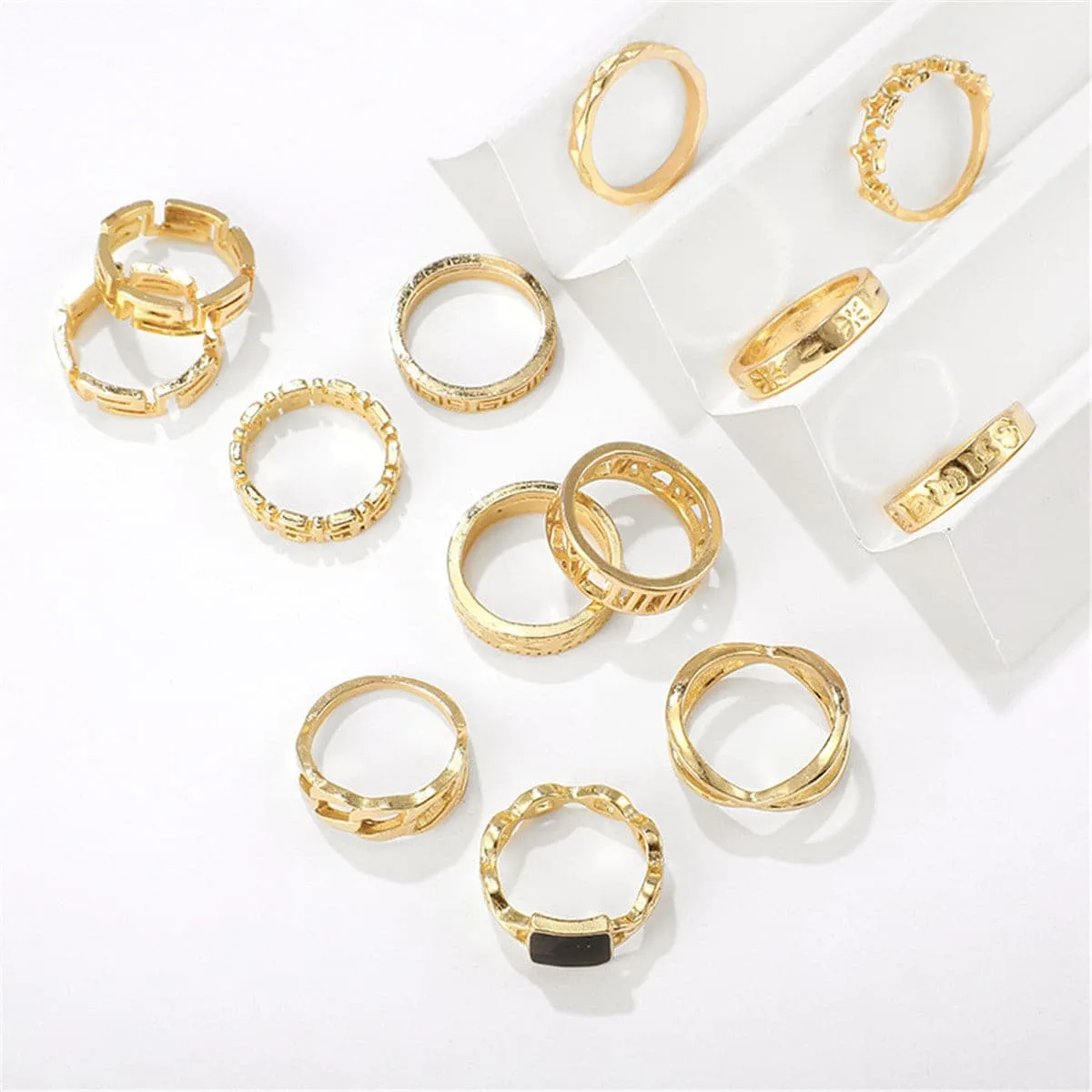 Black Enamel & 18K Gold-Plated Square Openwork-Band Ring Set