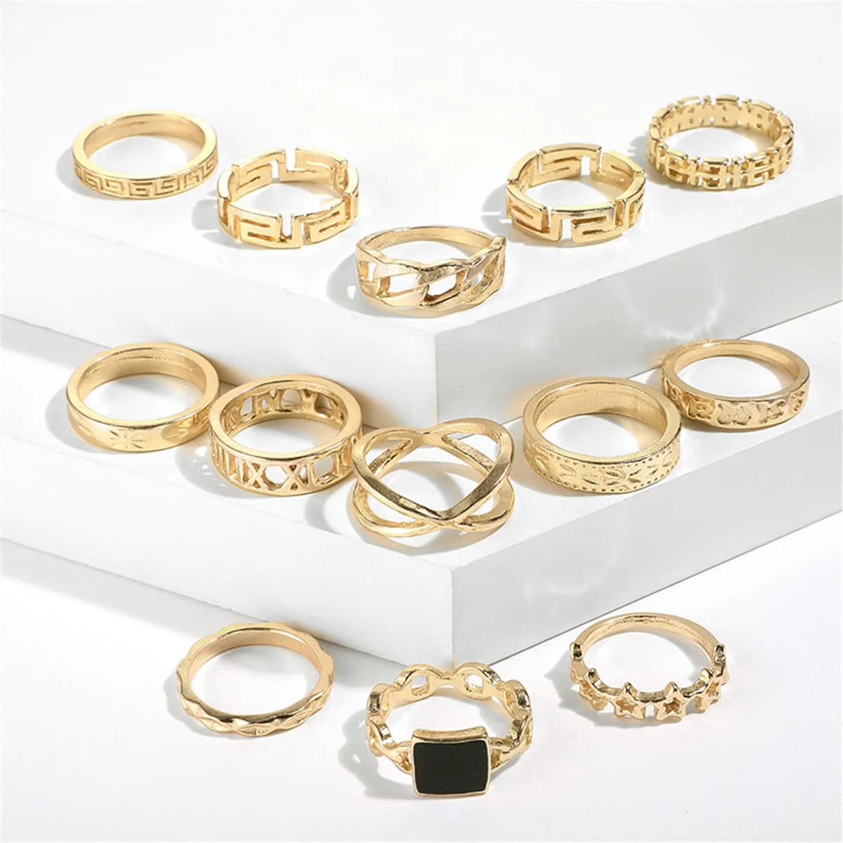 Black Enamel & 18K Gold-Plated Square Openwork-Band Ring Set