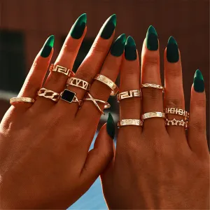 Black Enamel & 18K Gold-Plated Square Openwork-Band Ring Set