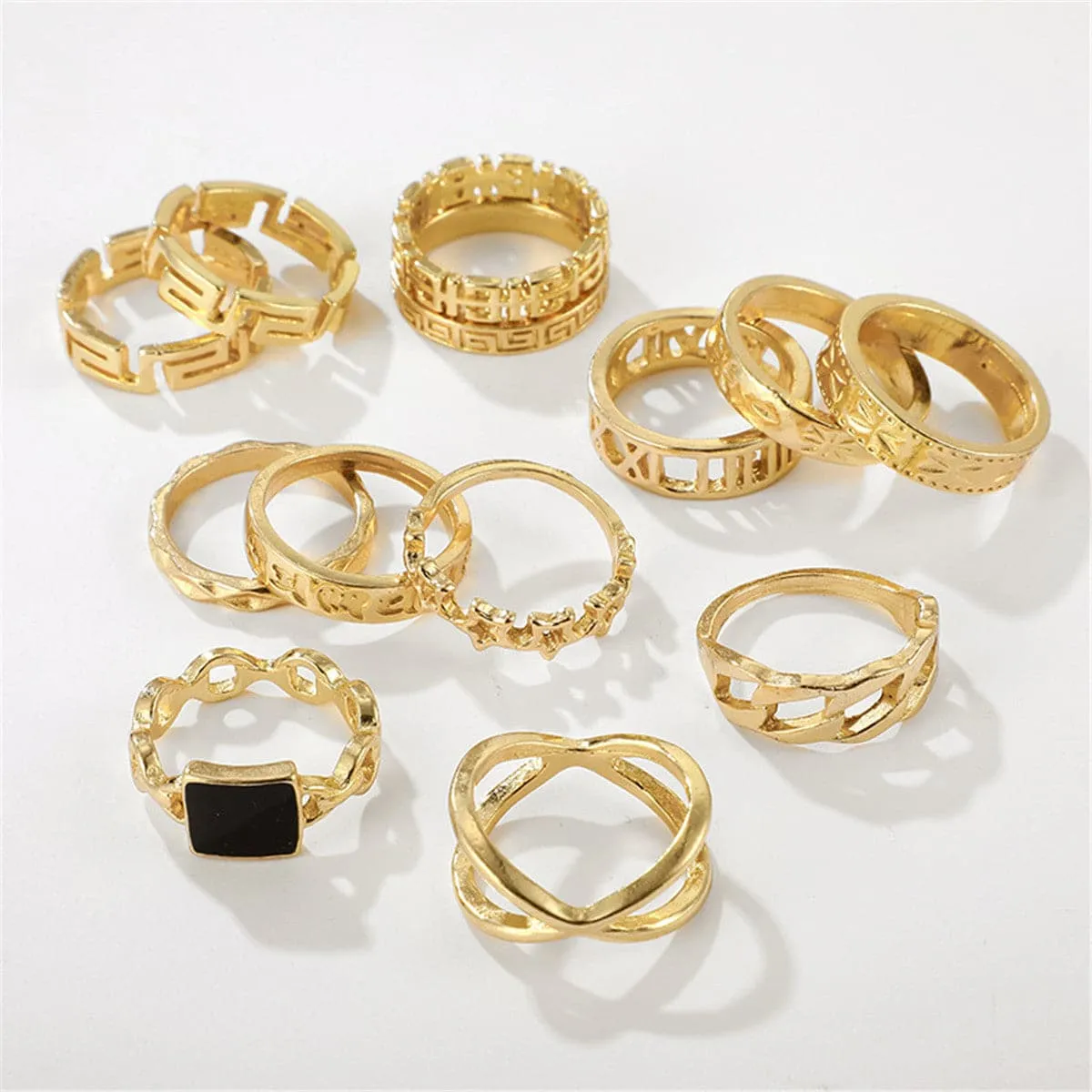 Black Enamel & 18K Gold-Plated Square Openwork-Band Ring Set