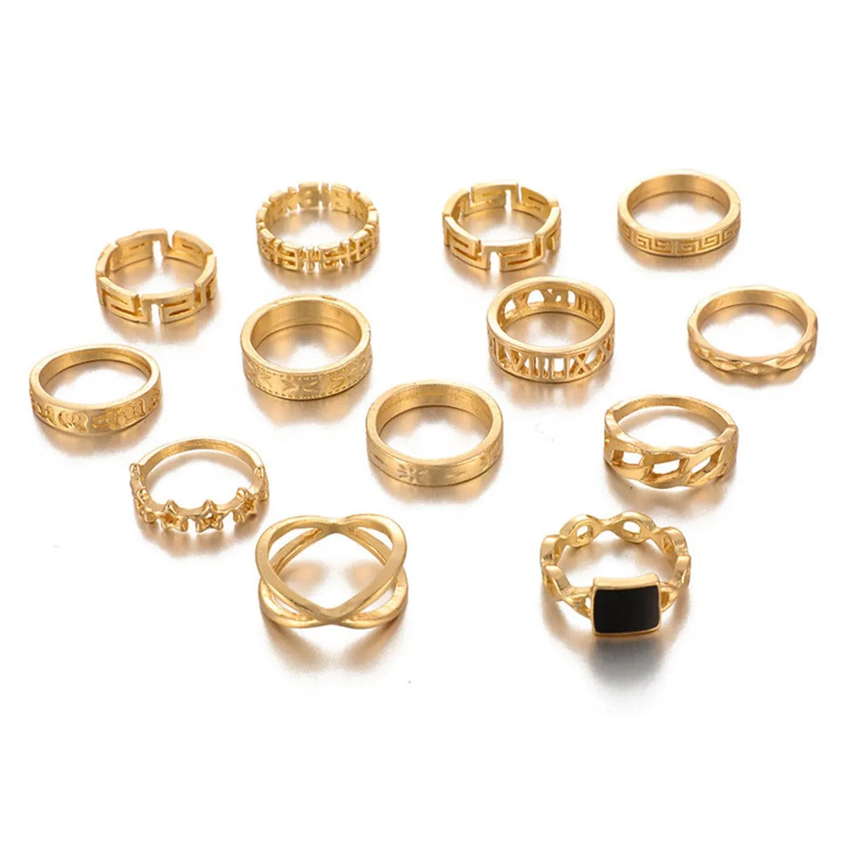 Black Enamel & 18K Gold-Plated Square Openwork-Band Ring Set