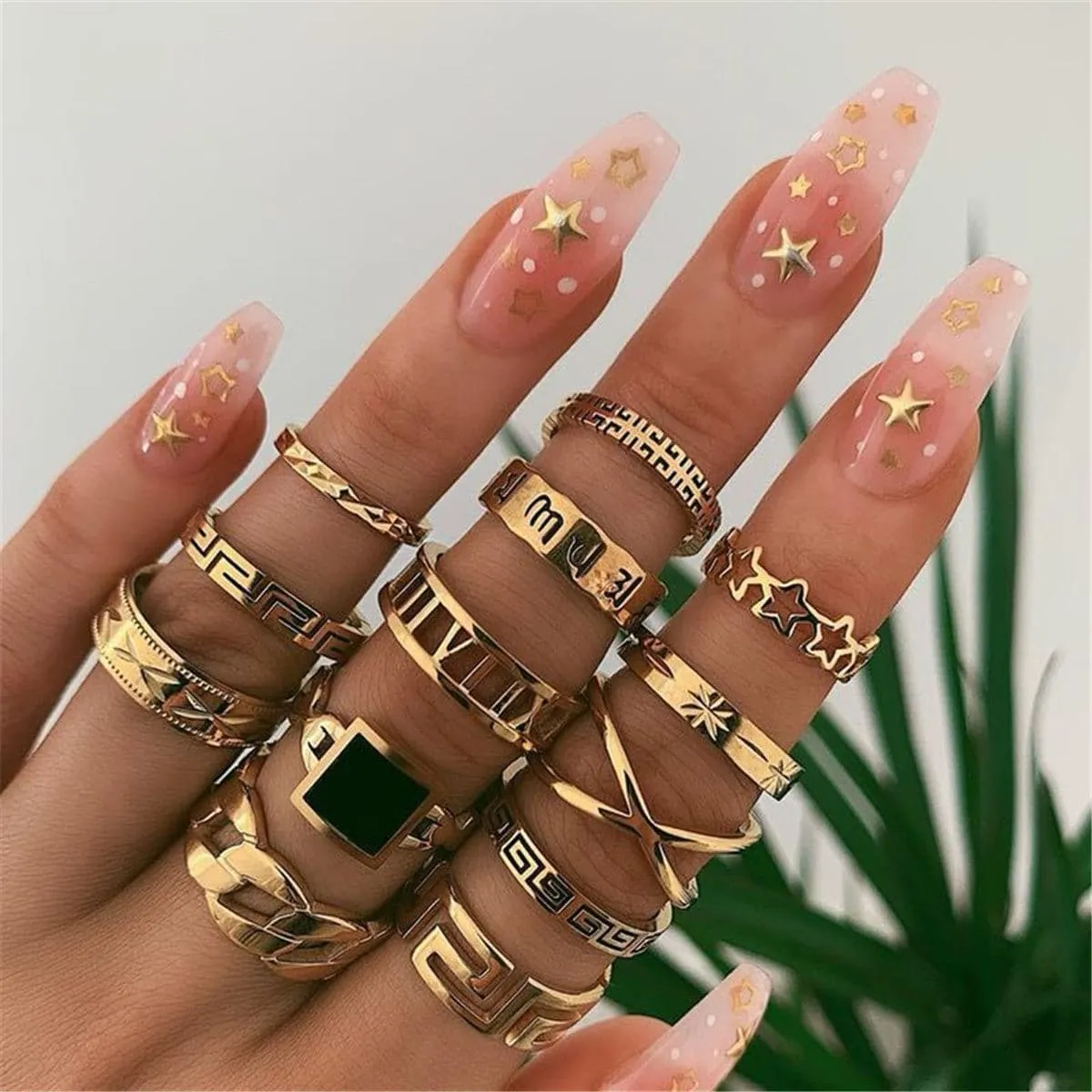 Black Enamel & 18K Gold-Plated Square Openwork-Band Ring Set