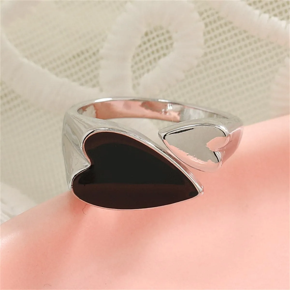 Black Enamel & Silver-Plated Heart Bypass Ring