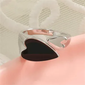 Black Enamel & Silver-Plated Heart Bypass Ring