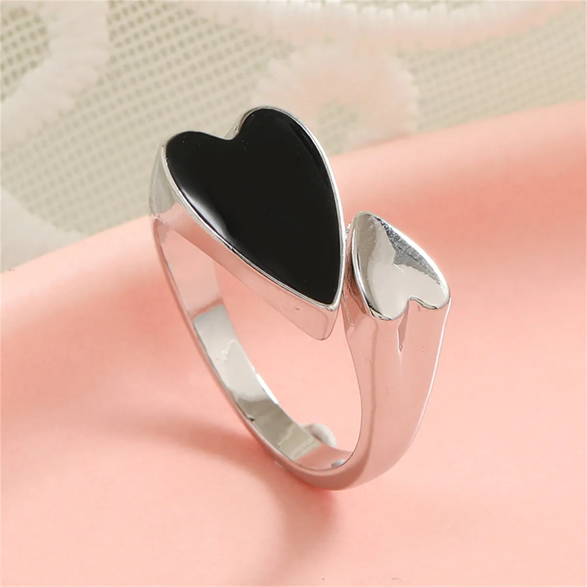 Black Enamel & Silver-Plated Heart Bypass Ring