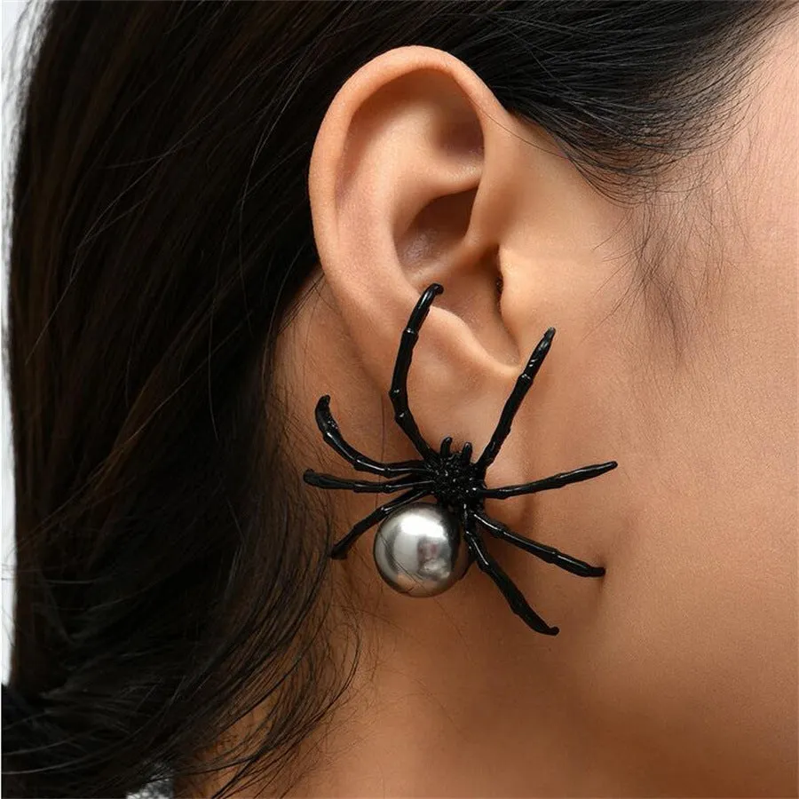 Black Pearl & Black Cubic Zirconia Spider Stud Earrings