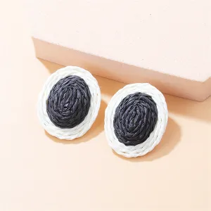 Black Raffia & Silver-Plated Oval Stud Earrings