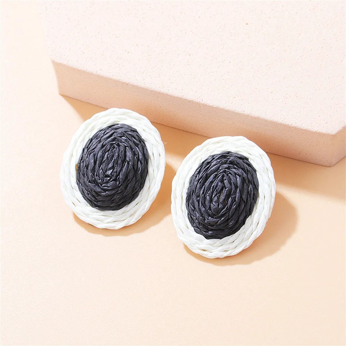 Black Raffia & Silver-Plated Oval Stud Earrings