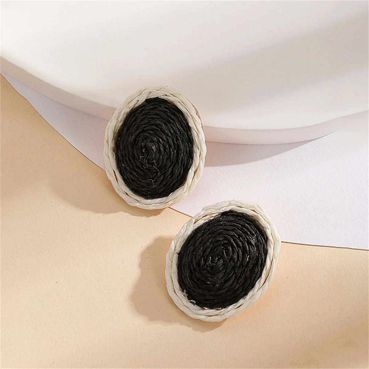 Black Raffia & Silver-Plated Oval Stud Earrings