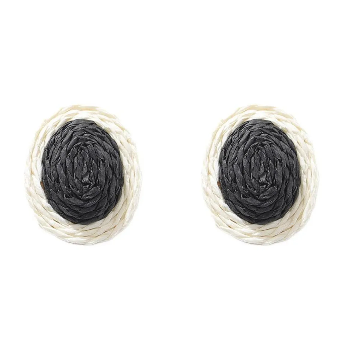 Black Raffia & Silver-Plated Oval Stud Earrings