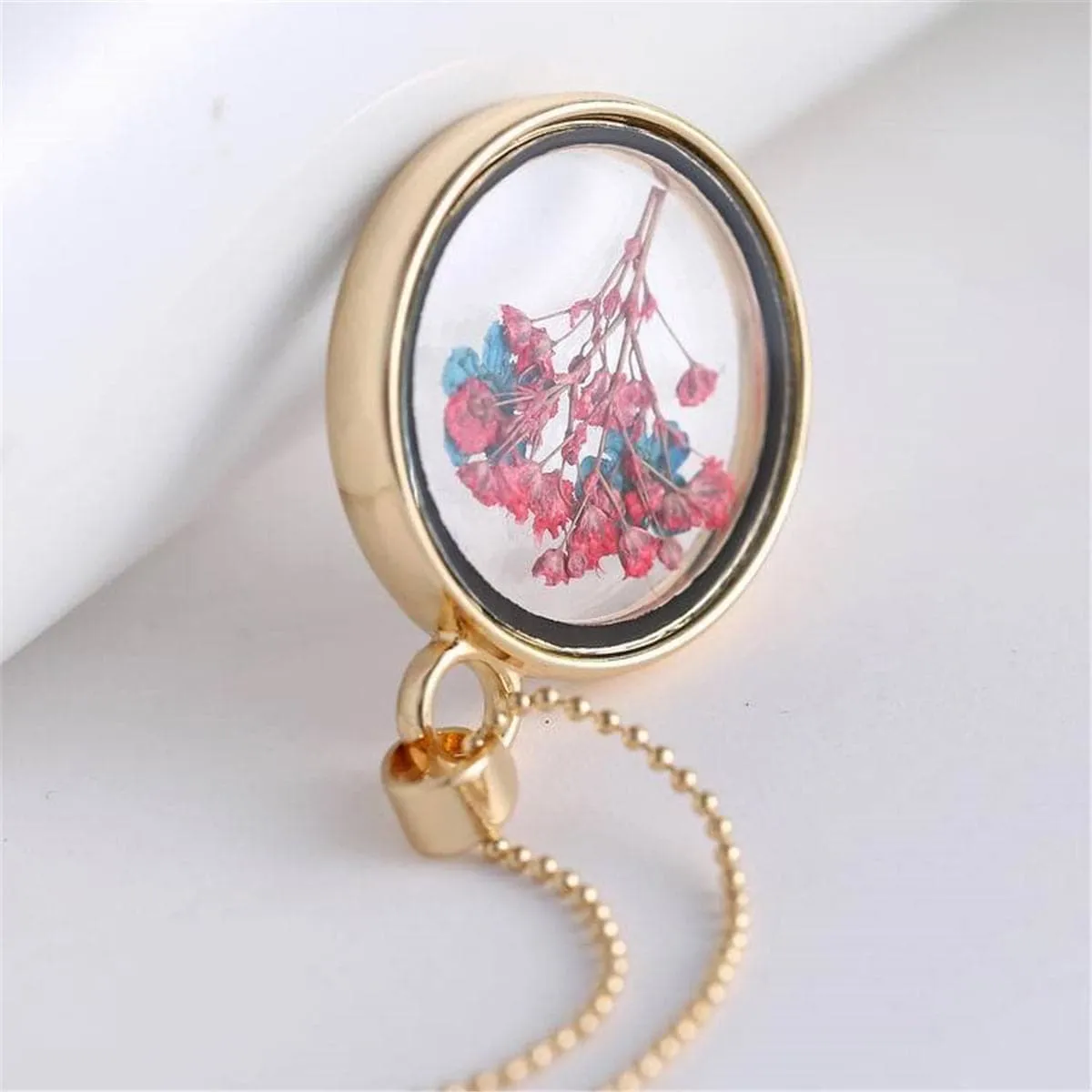 Blue & 18K Gold-Plated Pressed Peach Blossom Round Pendant Necklace