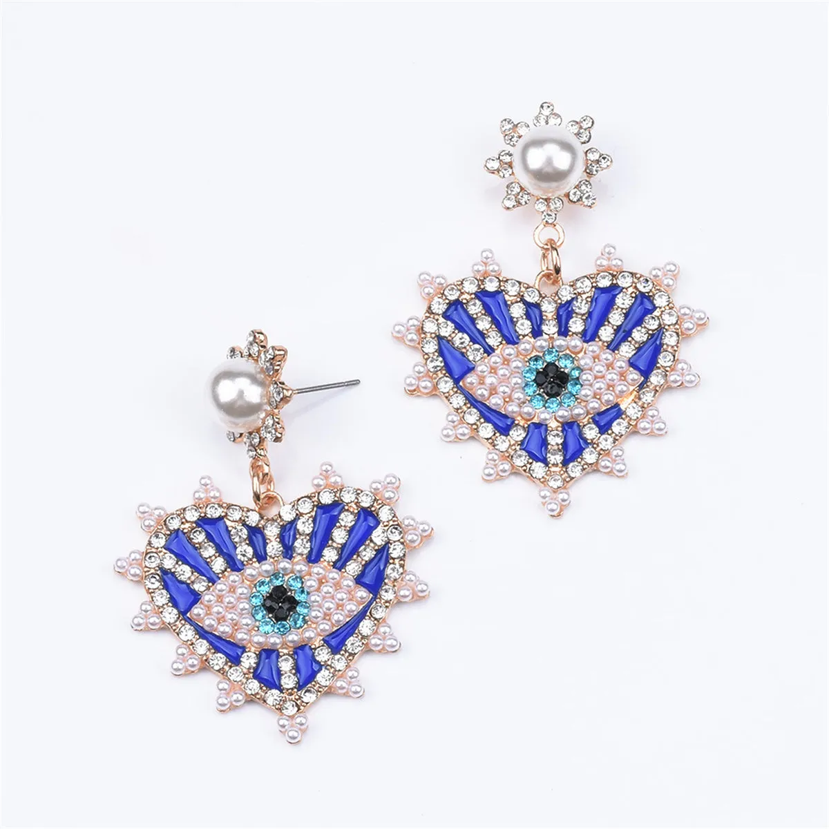 Blue & Cubic Zirconia Eye In Heart Drop Earrings