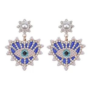 Blue & Cubic Zirconia Eye In Heart Drop Earrings