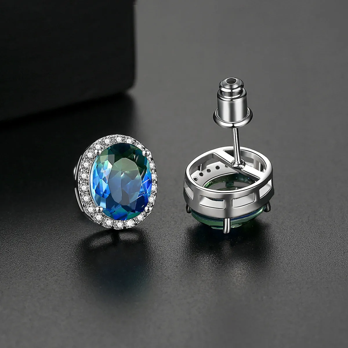 Blue Crystal & Cubic Zirconia Oval Stud Earrings
