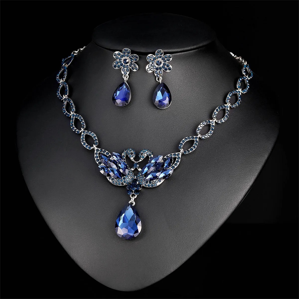 Blue Crystal & Silver-Plated Swan Pendant Necklace & Drop Earrings
