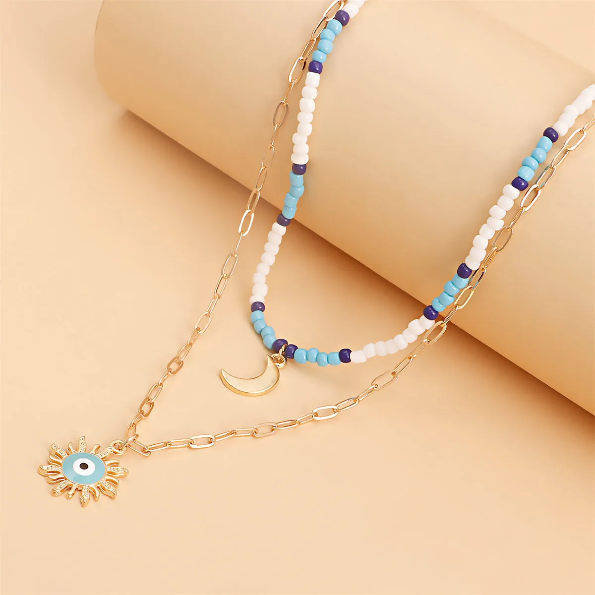 Blue Howlite & Enamel 18K Gold-Plated Sun Moon Layered Pendant Necklace