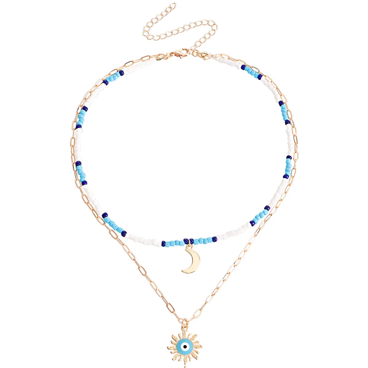 Blue Howlite & Enamel 18K Gold-Plated Sun Moon Layered Pendant Necklace