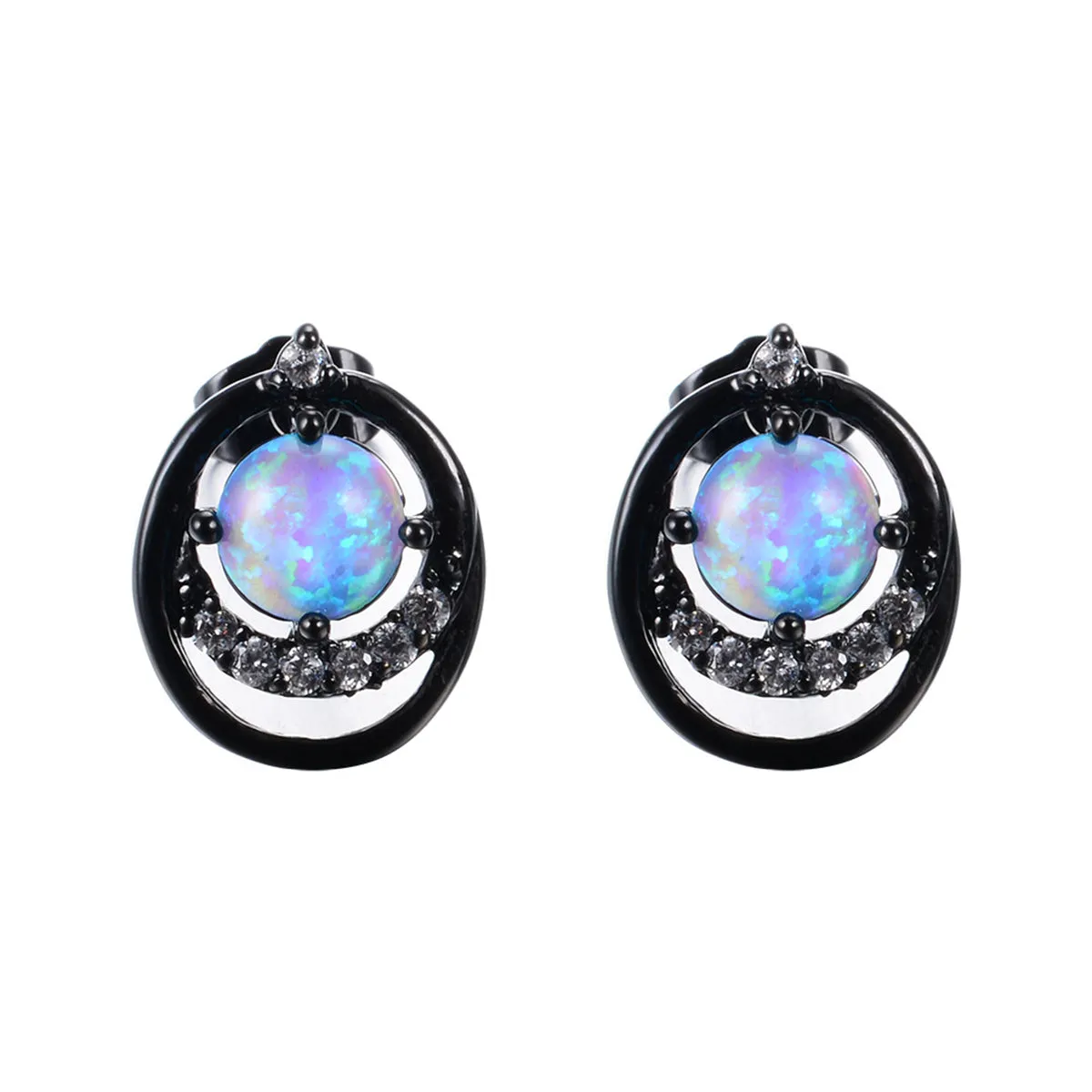 Blue Opal & Cubic Zirconia Black Ripple Stud Earrings