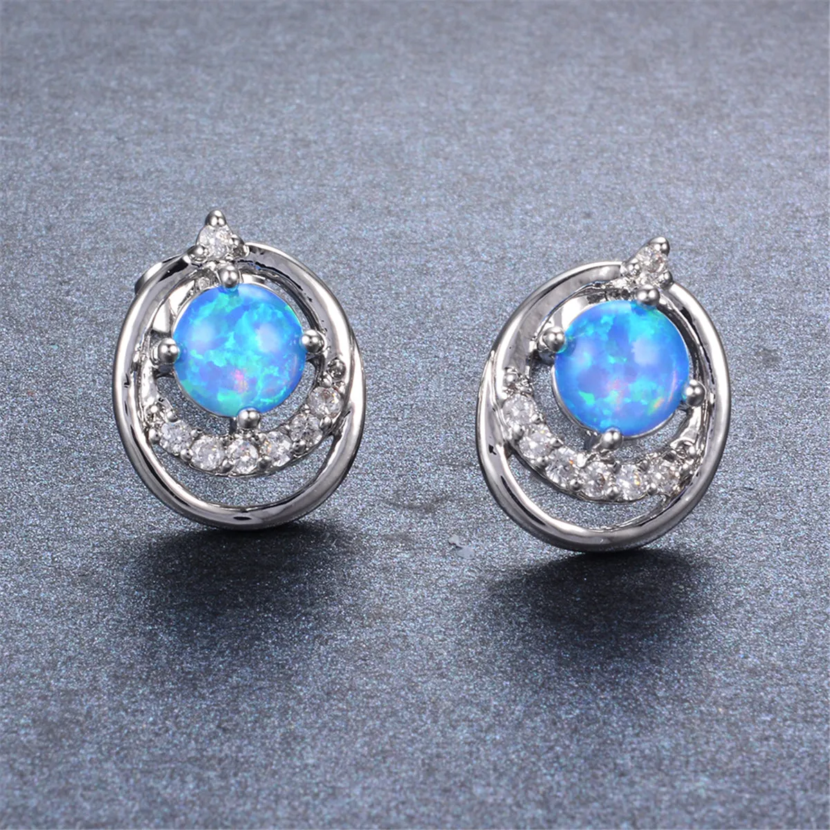 Blue Opal & Cubic Zirconia Ripple Stud Earrings