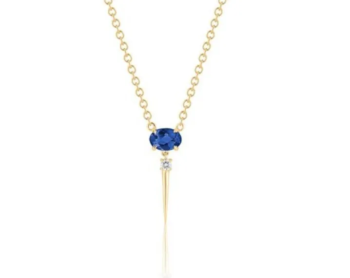 Blue Sapphire & Diamond Drop Necklace-Yellow Gold