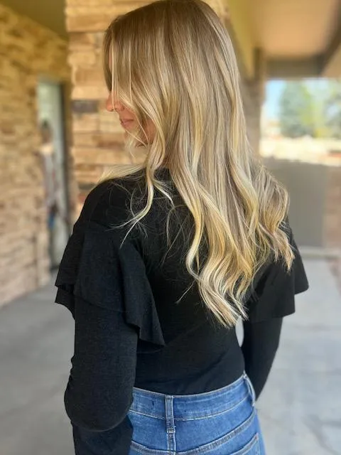 Bree Black Shimmer Bodysuit with Ruffle Shoulder and Sleeve