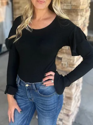 Bree Black Shimmer Bodysuit with Ruffle Shoulder and Sleeve