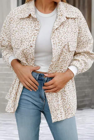 Brooklyn Leopard Print Flap Pockets Buttoned Corduroy Shacket