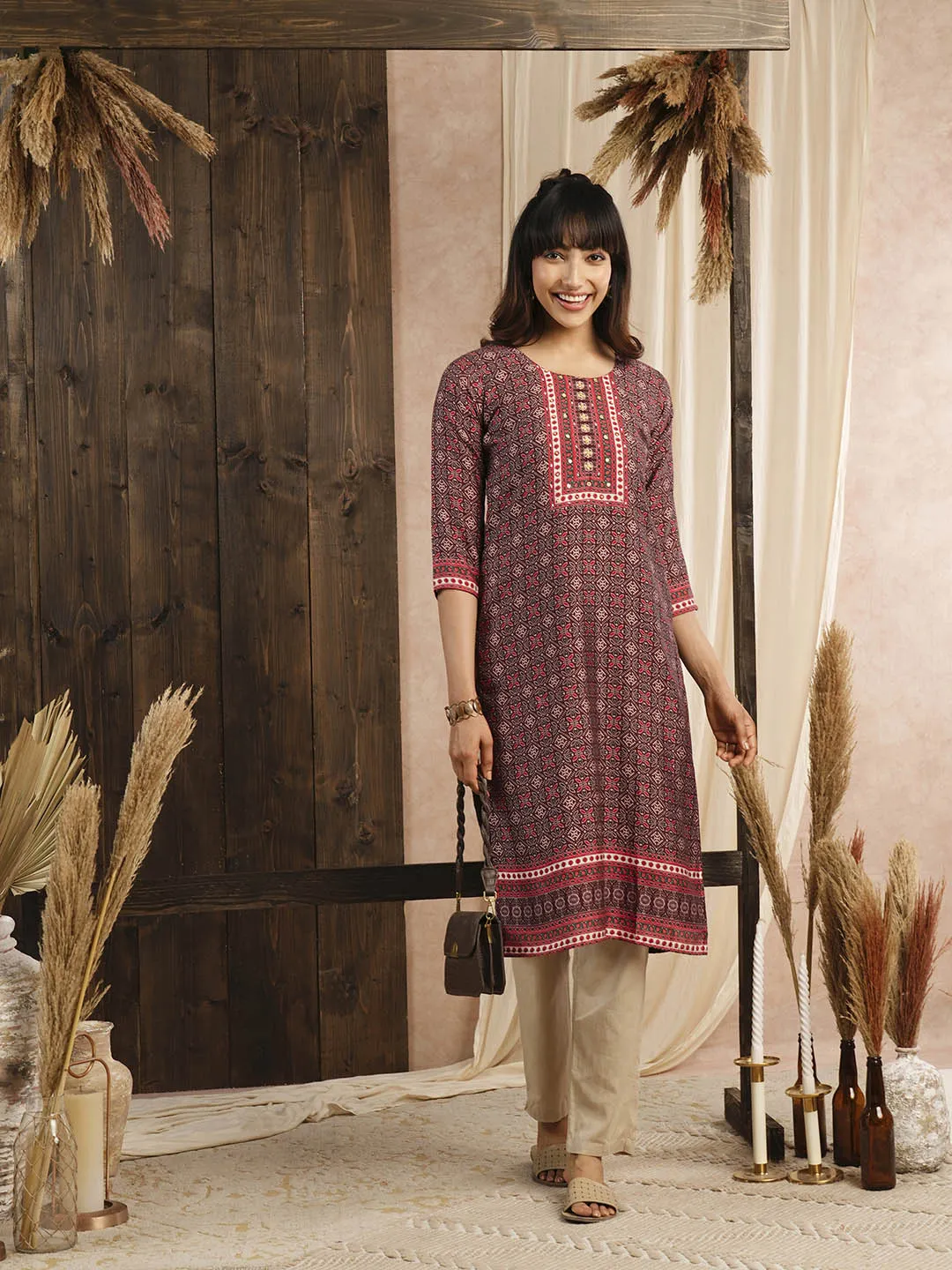 Buy Maroon Muslin Kurta for Women's Casual Wear Online - Zola