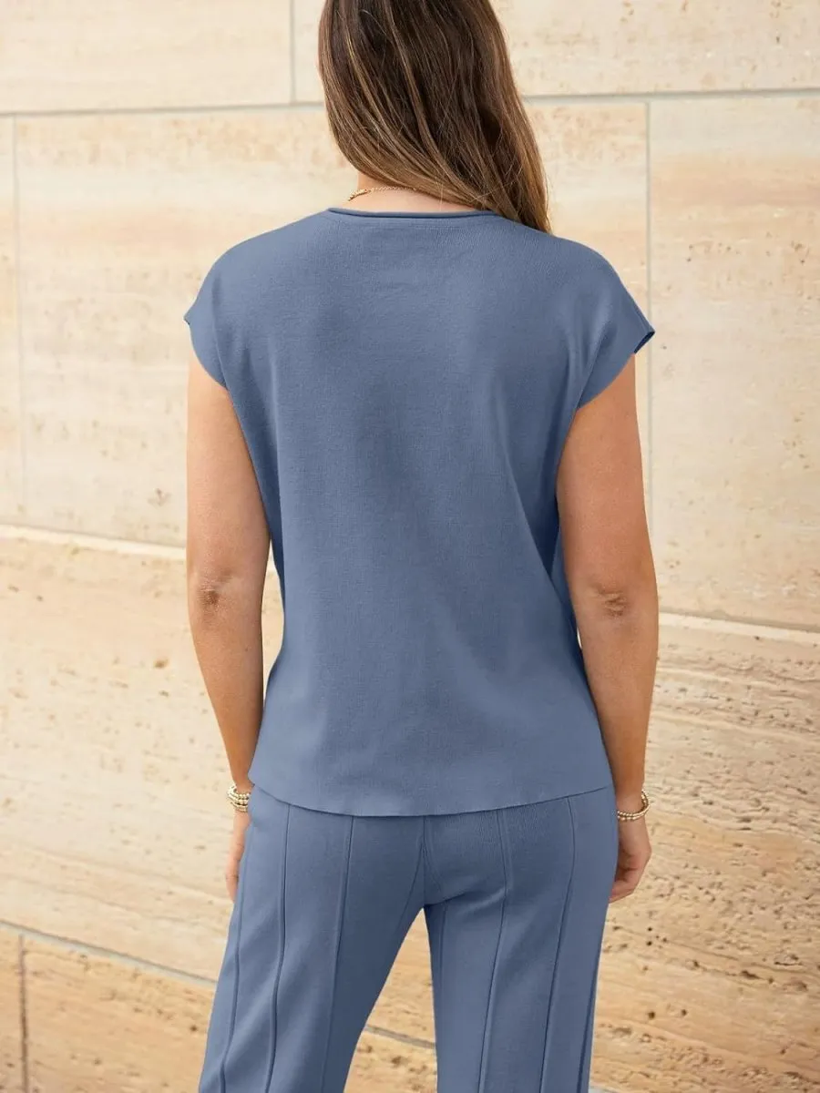 Cap Sleeve Round Neck Knit Two-Piece Set - Top & Pants
