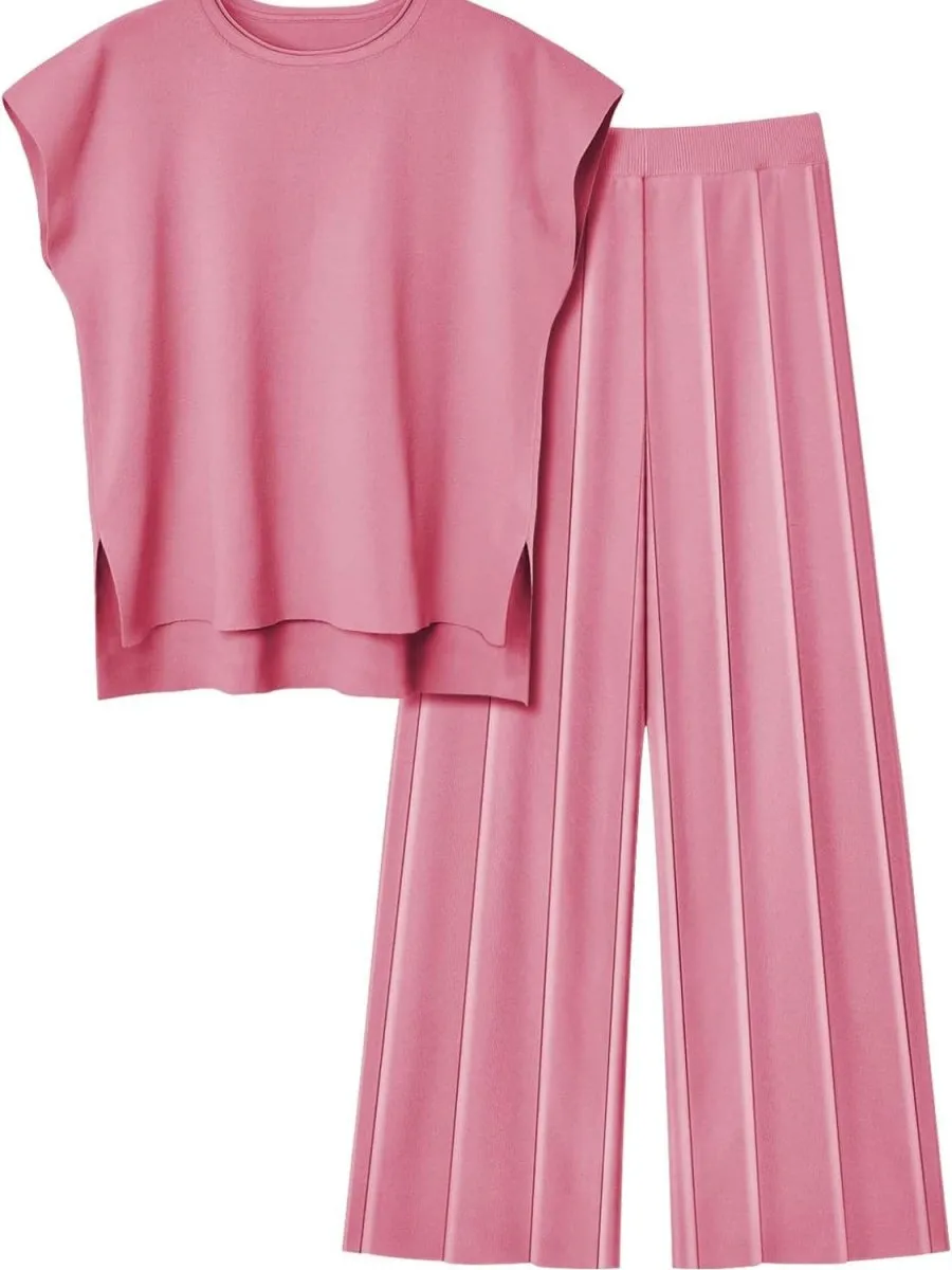 Cap Sleeve Round Neck Knit Two-Piece Set - Top & Pants