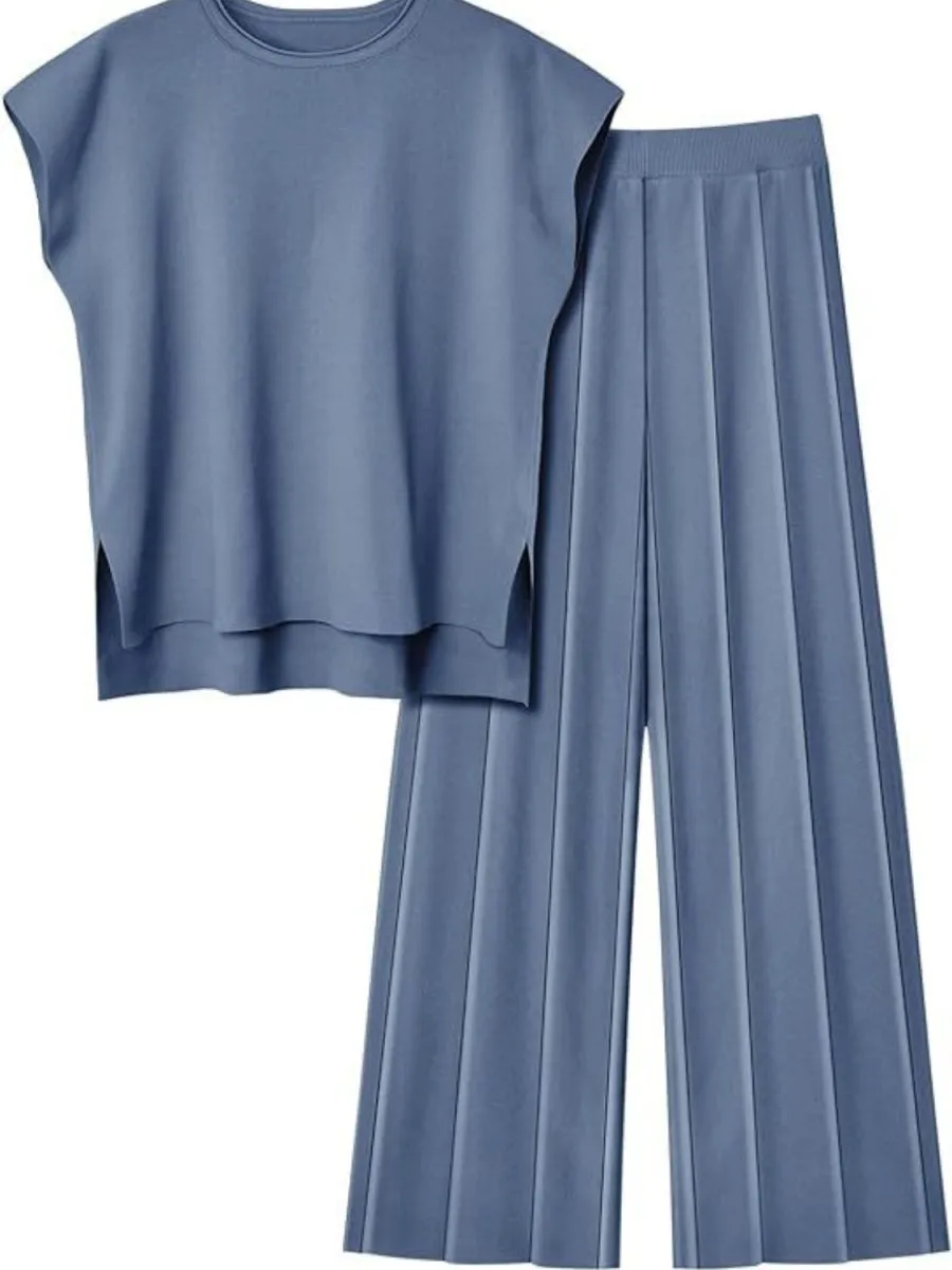 Cap Sleeve Round Neck Knit Two-Piece Set - Top & Pants