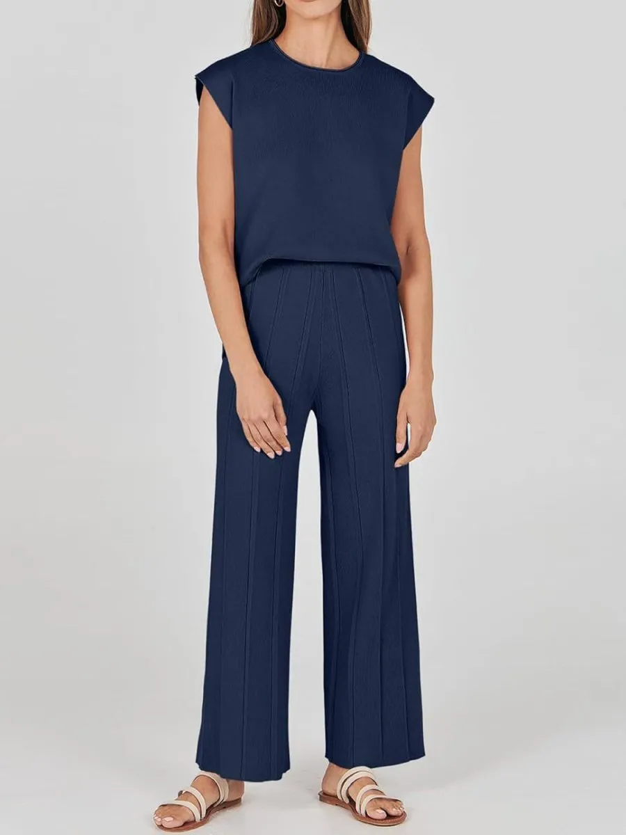Cap Sleeve Round Neck Knit Two-Piece Set - Top & Pants