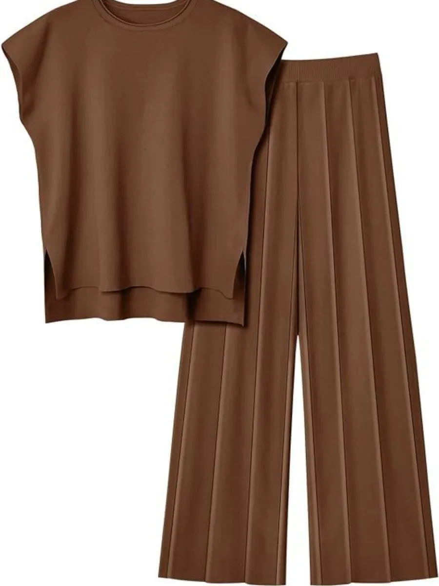 Cap Sleeve Round Neck Knit Two-Piece Set - Top & Pants